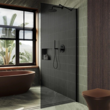 Душевая перегородка Maybahglass MGD-681-6ш 109 см, профиль черный, стекло графит в современном стиле