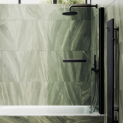 Шторка на ванну Maybahglass MGV-782-6 70x140, профиль черный, стекло прозрачное в современном стиле