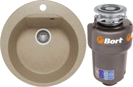 Комплект Мойка Polygran Atol 627475 песочная + Измельчитель Bort Titan Max Power FullControl матовая, круглая