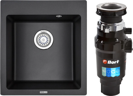 Комплект Мойка Granula 4651, черный + Измельчитель Bort Master Eco, матовая, квадратная