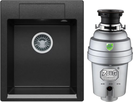 Комплект Мойка Polygran Argo 420 черная + Измельчитель Zorg Inox D матовая, прямоугольная
