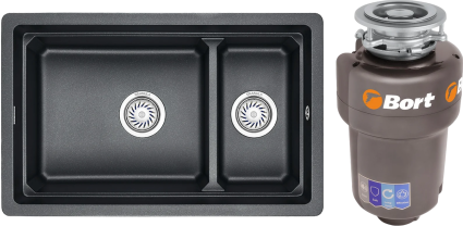 Комплект Мойка Granula Kitchen Space 7304U, шварц + Измельчитель Bort Titan Max Power, матовая, прямоугольная
