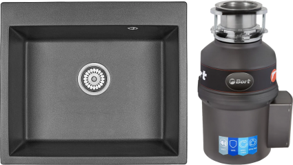Комплект Мойка Granula 6001, черный + Измельчитель Bort Titan Extra, матовая, прямоугольная