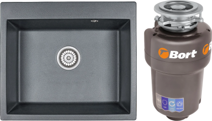 Комплект Мойка Granula 6001, шварц + Измельчитель Bort Titan Max Power, матовая, прямоугольная