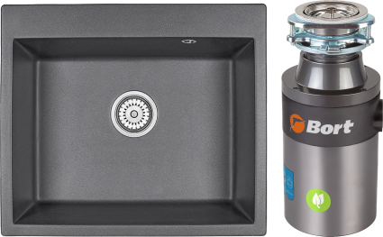 Комплект Мойка Granula 6001, графит + Измельчитель Bort Titan 4000 Plus, матовая, прямоугольная