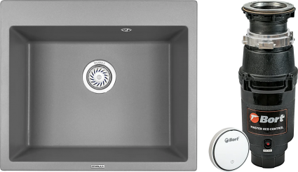 Комплект Мойка Granula 6001, алюминиум + Измельчитель Bort Master Eco Control, матовая, прямоугольная