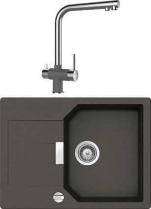 Комплект Мойка Schock Manhattan 45D Cristalite с клапаном-автоматом, баварский камень + Смеситель Cristalite Vitus баварский камень, матовая, прямоугольная