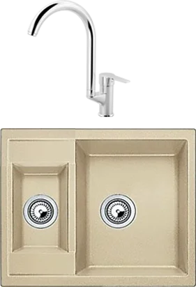 Комплект Мойка Whinstone Гарда 1 1/2B бежевый + Смеситель MEGA Snow MG-SH03 хром матовая, прямоугольная