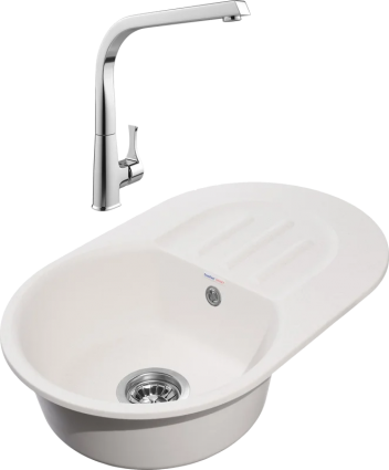 Комплект Мойка GranFest Smart SM 680 L белая + Смеситель MEGA Mega матовая, овальная