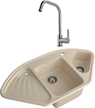 Комплект Мойка GranFest Corner C-1040E кашемир + Смеситель MEGA City MG- ZRV104 хром матовая, многоугольная