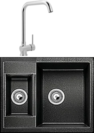 Комплект Мойка Whinstone Гарда 1 1/2B черный + Смеситель MEGA Didim MG-CM107 хром матовая, прямоугольная