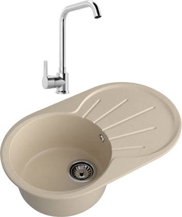 Комплект Мойка GranFest Rondo R-750L кашемир + Смеситель MEGA Ege MG-PL10 хром матовая, овальная