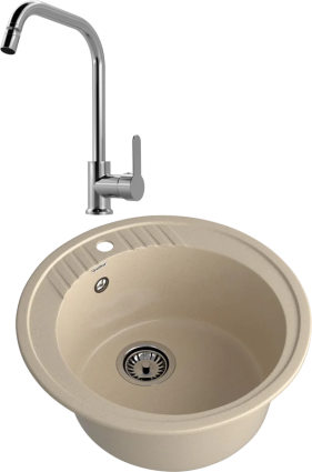 Комплект Мойка GranFest Rondo R-520 кашемир + Смеситель MEGA City MG- ZRV104 хром матовая, круглая