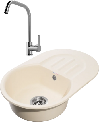 Комплект Мойка GranFest Smart SM 680 L бежевая + Смеситель MEGA City MG- ZRV104 хром матовая, овальная