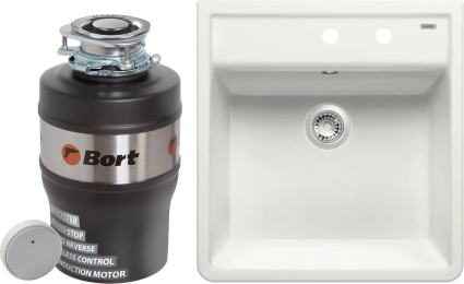 Комплект Мойка Blanco Panor 514501 белая глянцевая, два отверстия + Измельчитель Bort Alligator Mega, квадратная, мощность 560 Вт