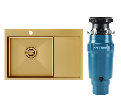 Комплект Мойка Paulmark Velten PM807851-BGL L, золото + Измельчитель Intenso, брашированная, прямоугольная