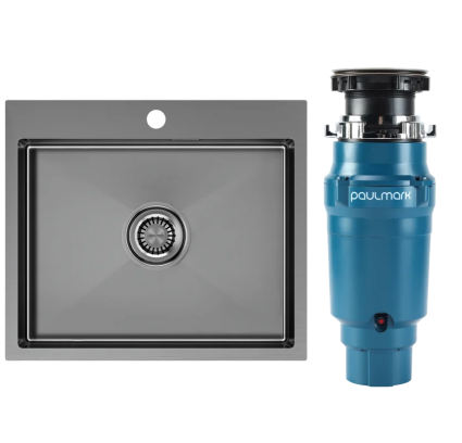 Комплект Мойка Paulmark Velten PM805951-GM вороненая сталь + Измельчитель Intenso брашированная, прямоугольная