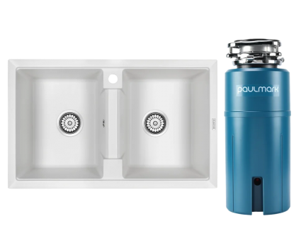 Комплект Мойка Paulmark Tandem 80/2PM238150-WH белая + Измельчитель Intenso матовая, прямоугольная