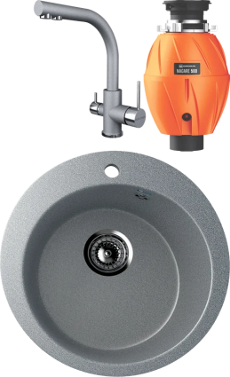 Комплект Мойка Ulgran U-405 -309 темно-серая + Смеситель Paulmark Essen Es213011-402 серый металлик + Измельчитель Omoikiri Nagare 500 матовая, круглая