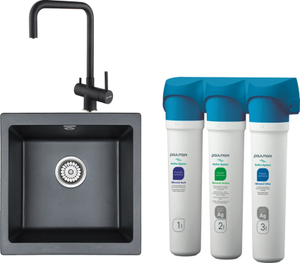 Комплект Мойка кухонная Paulmark Brilon PM104546-BLM черный металлик + Смеситель Wetter We213030-418 черный металлик + Фильтр Refine System матовая, прямоугольная
