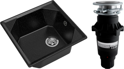 Комплект Мойка GranFest Unique U-500 черная + Измельчитель Bone Crusher BC 810-SL Slim Line матовая, квадратная