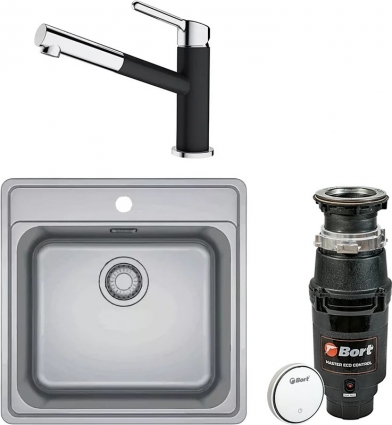 Комплект Мойка Franke Bell BCX 610-42 TL нержавеющая сталь + Смеситель Orbit 115.0623.057 хром, оникс + Измельчитель Bort Master Eco Control, матовая, квадратная