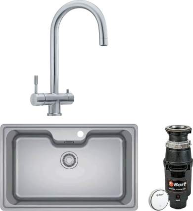 Комплект Мойка Franke Bell ВСX 610-81 TL нержавеющая сталь + Смеситель Eos Clear Water нержавеющая сталь + Измельчитель Bort Master Eco Control полированная, прямоугольная