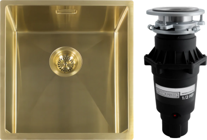 Комплект Мойка Reginox Miami 3,5" PVD 40x40 gold + Измельчитель Bone Crusher BC 810-SL Slim Line, полированная, квадратная