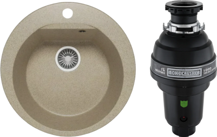 Комплект Мойка Polygran Atol 627475 песочная + Измельчитель Bone Crusher BC 1000-AS матовая, круглая