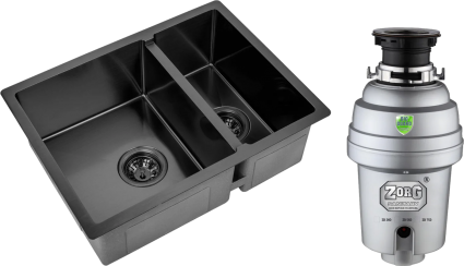 Комплект Мойка Zorg Inox PVD PVD 58-2-44 GRAFIT графит + Измельчитель Inox D брашированная, прямоугольная