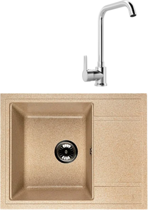 Комплект Мойка Whinstone Мунго 650 жасмин + Смеситель MEGA Ege MG-PL10 хром матовая, прямоугольная