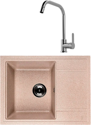 Комплект Мойка Whinstone Мунго 650 бежевый + Смеситель MEGA City MG- ZRV104 хром матовая, прямоугольная