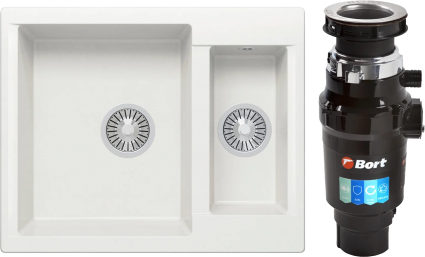Комплект Мойка Polygran Brig 620 белый хлопок + Измельчитель Bort Master Eco матовая, прямоугольная