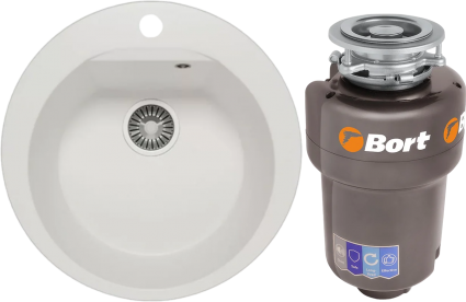 Комплект Мойка Polygran Atol 627451 белый хлопок + Измельчитель Bort Titan Max Power матовая, круглая