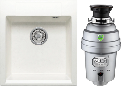 Комплект Мойка Polygran Argo 460 белый хлопок + Измельчитель Zorg Inox D матовая, квадратная