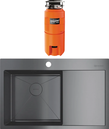 Комплект Мойка Omoikiri Akisame 78 L, вороненая сталь + Измельчитель Nagare slim 900, брашированная, прямоугольная