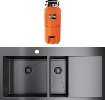 Комплект Мойка Omoikiri Akisame 100-2-GM-L вороненая сталь + Измельчитель Nagare slim 900 брашированная, прямоугольная