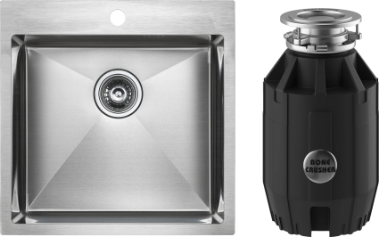 Комплект Мойка Paulmark Kroner PM215151-BS брашированная нержавеющая сталь + Измельчитель Bone Crusher BC 910-AS квадратная,  в современном стиле