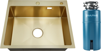 Комплект Мойка РМС MR-6050G золотая + Измельчитель Paulmark Intenso матовая, прямоугольная
