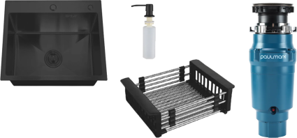 Комплект Мойка РМС MR-5050BL c корзиной и дозатором, графит + Измельчитель Paulmark Intenso, матовая, квадратная