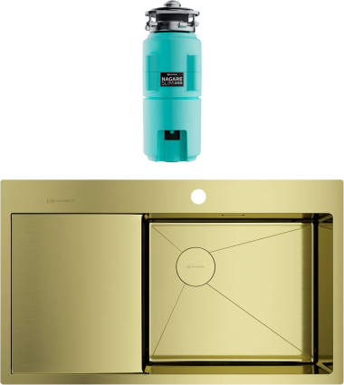 Комплект Мойка Omoikiri Akisame 86-LG-R светлое золото, R + Измельчитель Nagare slim 1250-AZ azur blue, брашированная, прямоугольная