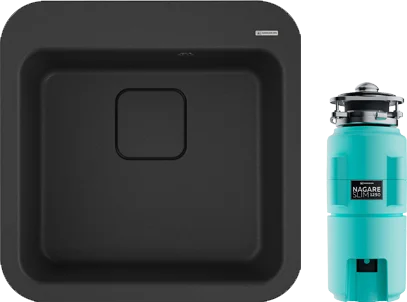 Комплект Мойка Omoikiri Tasogare 51 черная + Измельчитель Nagare slim 1250-AZ azur blue матовая, квадратная