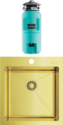 Комплект Мойка Omoikiri Akisame 46-LG светлое золото + Измельчитель Nagare slim 1250-AZ azur blue брашированная, прямоугольная