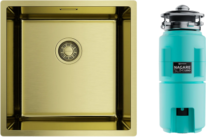 Комплект Мойка Omoikiri TADZAVA 44-U/I-Ultra светлое золото + Измельчитель Nagare slim 1250-AZ azur blue квадратная,  в современном стиле
