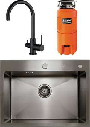 Комплект Мойка Kaiser KSM-6046 черная + Смеситель Merkur 26744-9 черный + Измельчитель Omoikiri Nagare slim 1250 брашированная, прямоугольная
