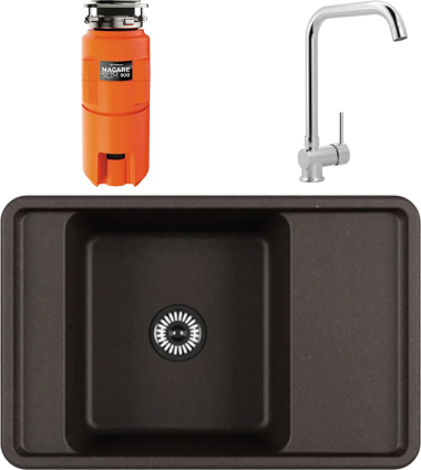 Alveus Комплект Мойка AQUATON Беллис 78 кофе + Смеситель MEGA Didim MG-CM107 хром + Измельчитель Omoikiri Nagare slim 900 матовая, прямоугольная