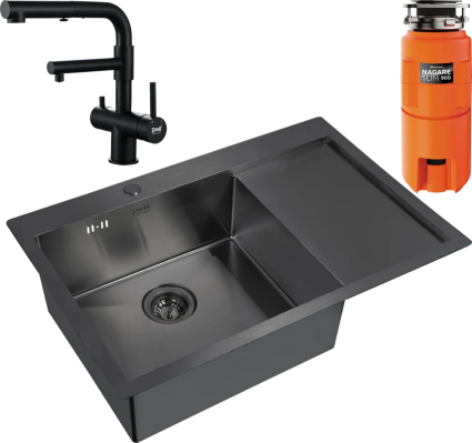 Комплект Мойка Zorg Inox PVD 7851 L grafit + Смеситель Sanitary SZR-3216 Grafit графит + Измельчитель Omoikiri Nagare slim 900 брашированная, прямоугольная