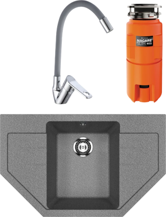 Комплект Мойка Ulgran U-609 -309 темно-серая + Смеситель РМС SL137GY 016F хром, серый, с гибким изливом + Измельчитель Omoikiri Nagare slim 900, матовая, многоугольная