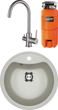Комплект Мойка Ulgran U-601 -310 серая + Смеситель Kaiser Merkur 26744-5 серебро + Измельчитель Omoikiri Nagare slim 900 матовая, круглая