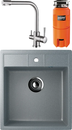 Комплект Мойка Ulgran U-406 -309 темно-серая + Смеситель Kaiser Merkur 26044-5 серебро + Измельчитель Omoikiri Nagare slim 900 матовая, прямоугольная